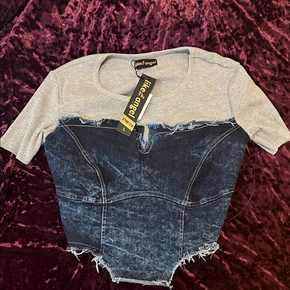 Like an Angel Gray and Blue Denim Bodysuit